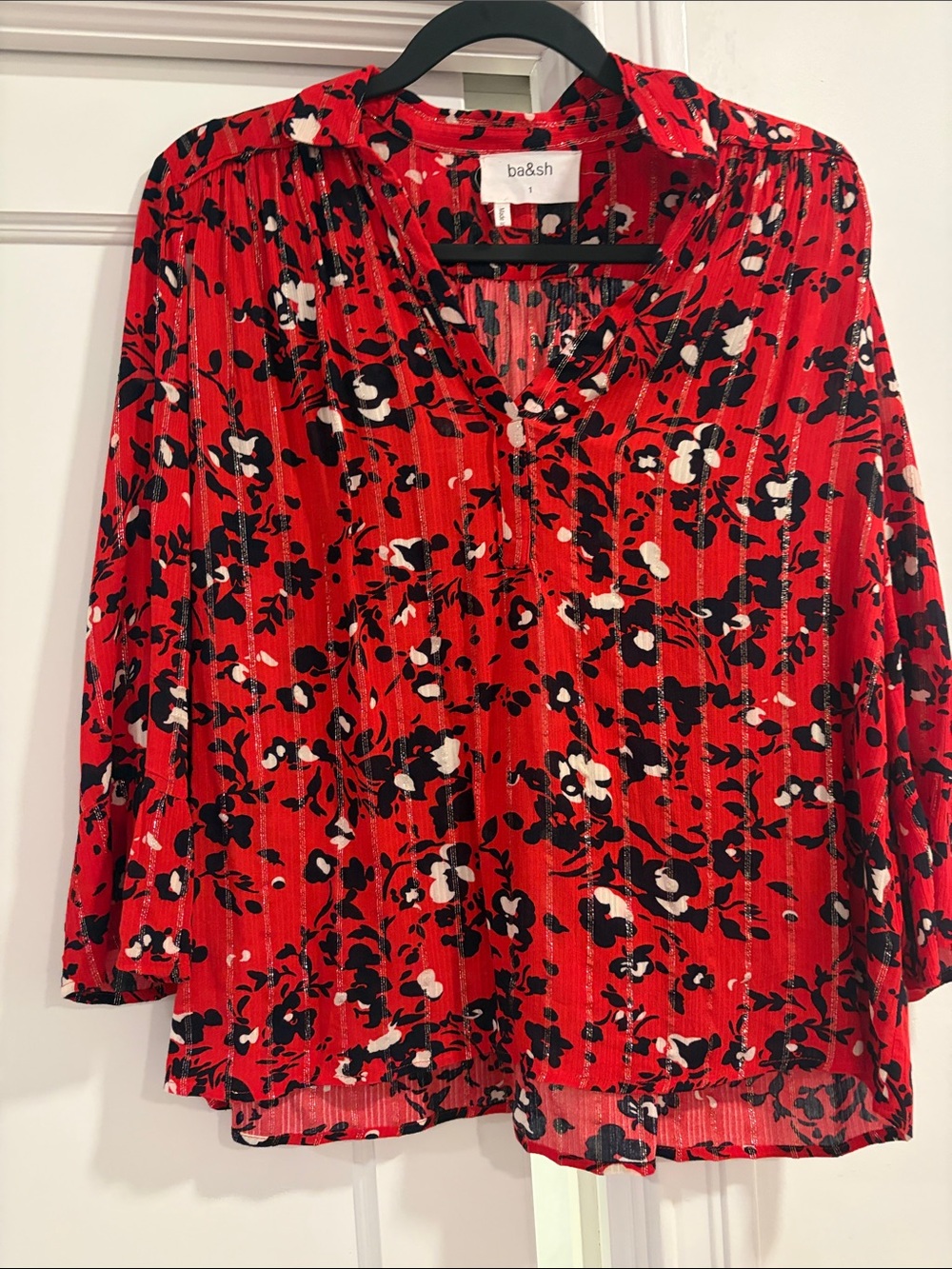 ba&sh Red Black White Floral Pleated V-Neck Blouse